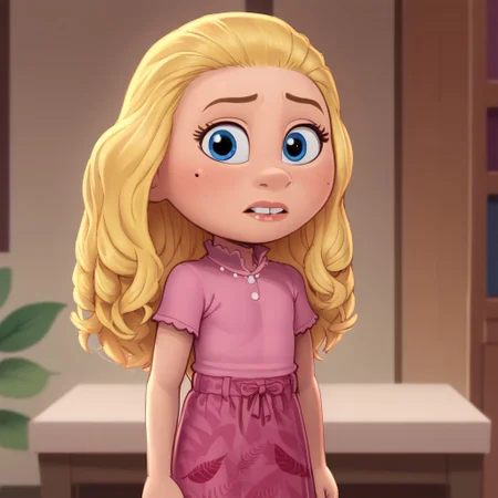 score_9_up, BREAK, 1girl, solo, JAYDAWENGER, long hair, blonde hair, blue eyes, pink shirt, skirt, cowboy shot, indoors, depth of field, looking at viewer, dop style <lora:JaydaWenger_PXL_Leaf1:1>