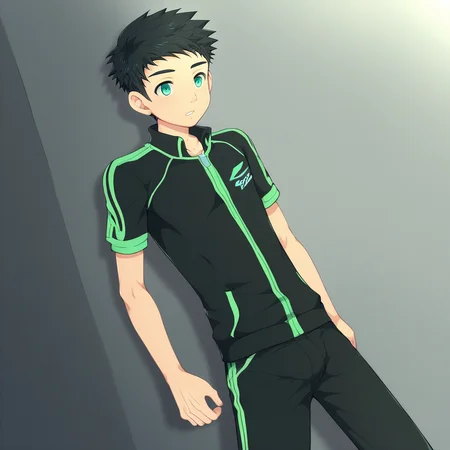 black hair, solo, mint color eyes, male focus, short hair, 1boy