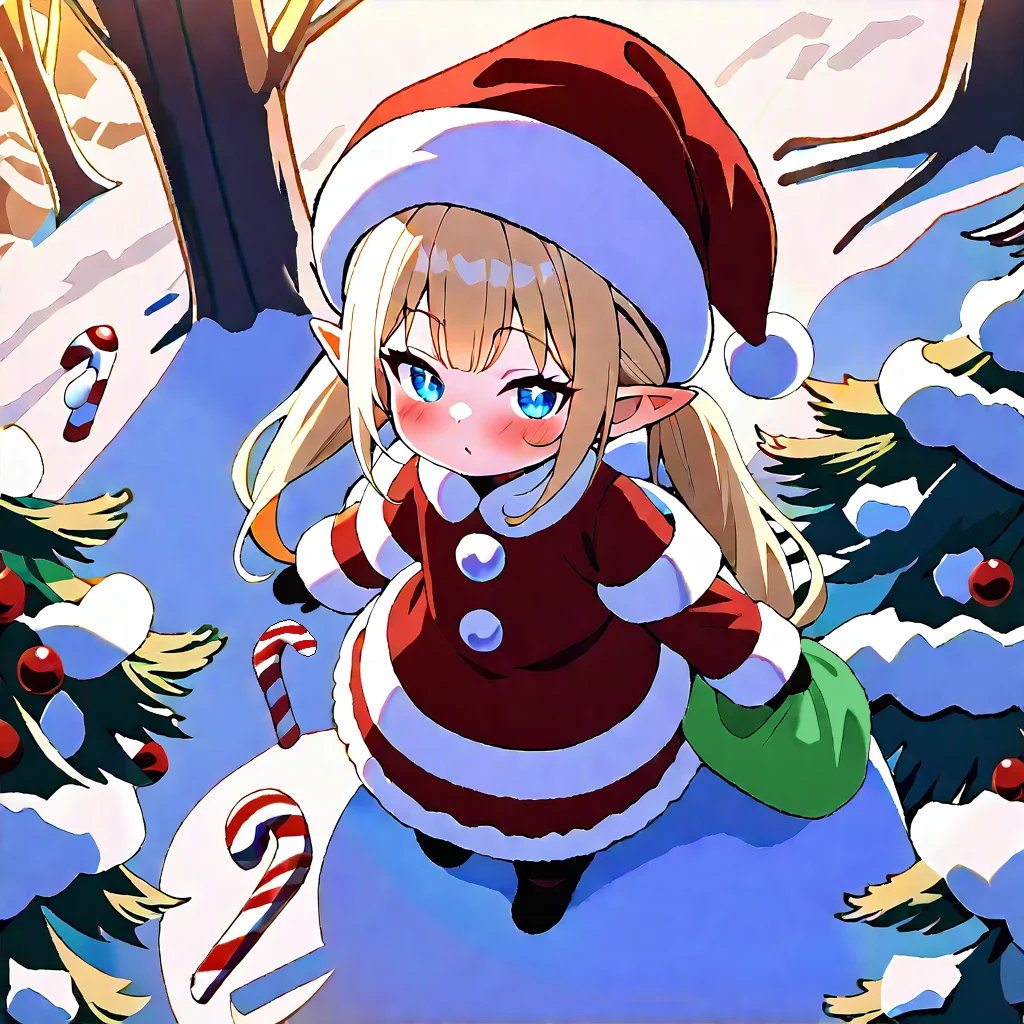 1girl, solo, best quality, very aesthetic, (((masterpiece))), lalafell, pointy ears, shortstack. blue eyes, blonde, twintails, santa outfit, christmas, red dress, santa hat, cute, blush, ((mesugaki)), outdoors, blush, arrogant, from above, quality, forest, winter, candy cane, peppermint, <lora:e9f3f5cc-3ec3-4b47-b8a9-c1cf70ef5f34:1.4>, <lora:mesugaki_Illust_v1:0.8>, CHRC4ND7, <lora:Christmas_Candy:1>,
