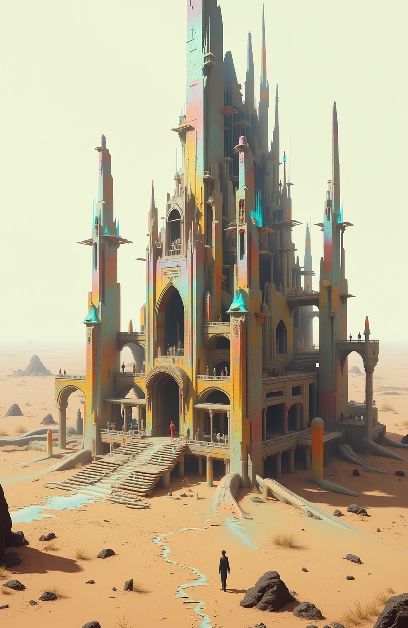 psycho_4rt, An otherworldly architectural structure in the middle of a barren desert, featuring sharp angular shapes, towering spires, and intricate engravings, casting long shadows over the dunes.