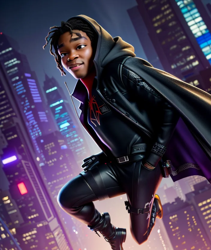 solo mid shot portrait photo of a thief from into the spiderverse
dark fantasy background, charming smirking
by Brian Reber and H.P. Lovecraft ultra realistic highly detailed intricate photorealistic analog style photograph sharp focus on eyes, cinematic lighting