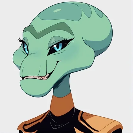 score_9, score_8_up, score_8,source_furry,
1girl,
solo,
furry female,
alien,
looking at viewer,
smile,
uniform,
black uniform,
gold trim,
green skin,
green body,
upper body,
open mouth,
bald,
standing,
teeth,
<blue eyes:1.5>,
<black sclera:1.5>,
<simple background:1.5>,
<white background:1.5>,
<lora:Grand_Councilwoman_Pony_SDXL:1> grand_councilwoman,
<lora:90s4n1m3XLP:1> 90s4n1m3, smug,
smugness,
half closed eyes,
closed mouth,
sarcastic,