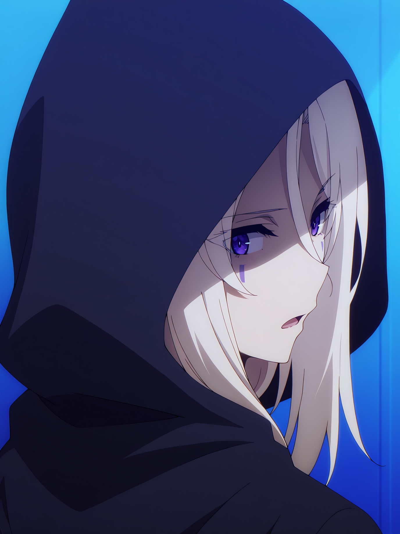 <lora:Beatrix:0.8>, beatrix, 1girl, solo, purple eyes, very long white hair, facial mark, black cloak, hood up, serious, open mouth, shaded face, standing, looking back, portrait, cropped, simple background, blue wall, dark, high contrast