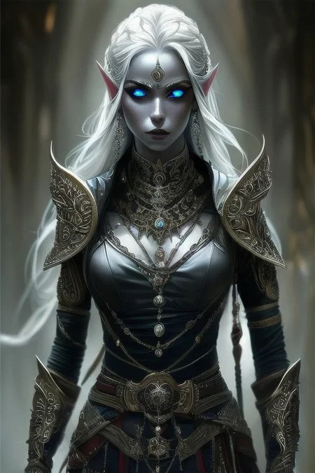8k portrait of beautiful drow priestess with silver hair, white skin, intricate, elegant, highly detailed, majestic, digital photography, art by artgerm and ruan jia and greg rutkowski surreal painting, silver filigree, a female drow warrior priestess, dark makeup, intricate armor, belt, bracers, jewelry, <lora:Drow:1>, (masterpiece, sidelighting, finely detailed beautiful eyes: 1.2), hdr,