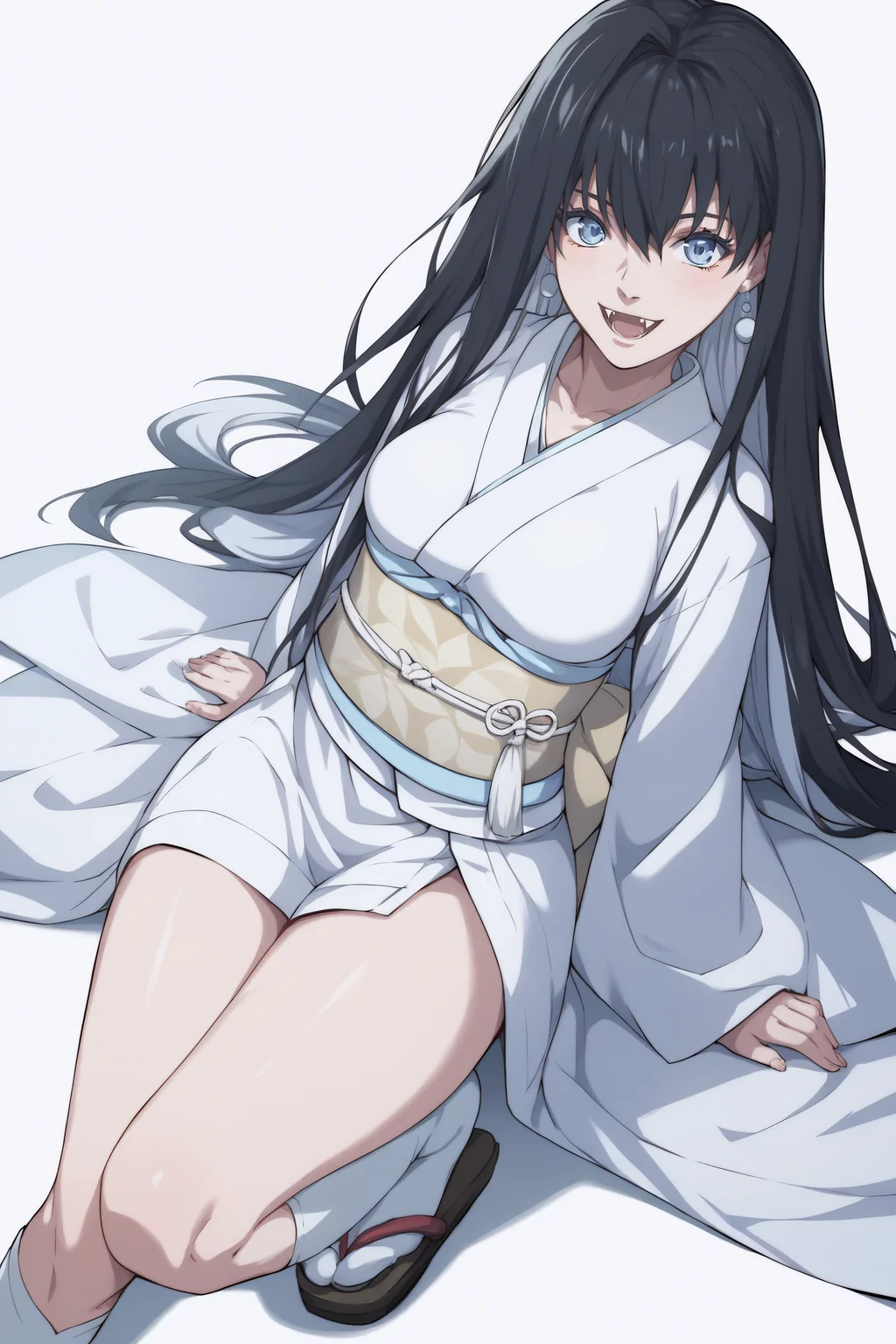 score_9, score_8_up, score_7_up, BREAK, source_anime, <lora:Yuki Onna-PonyXL-lora-Faxtron:0.8> yuki onna, light blue eyes, black hair, multicolored hair, long hair, medium breasts, fangs, japanese clothes, white kimono, sash, obi, socks, sandals,