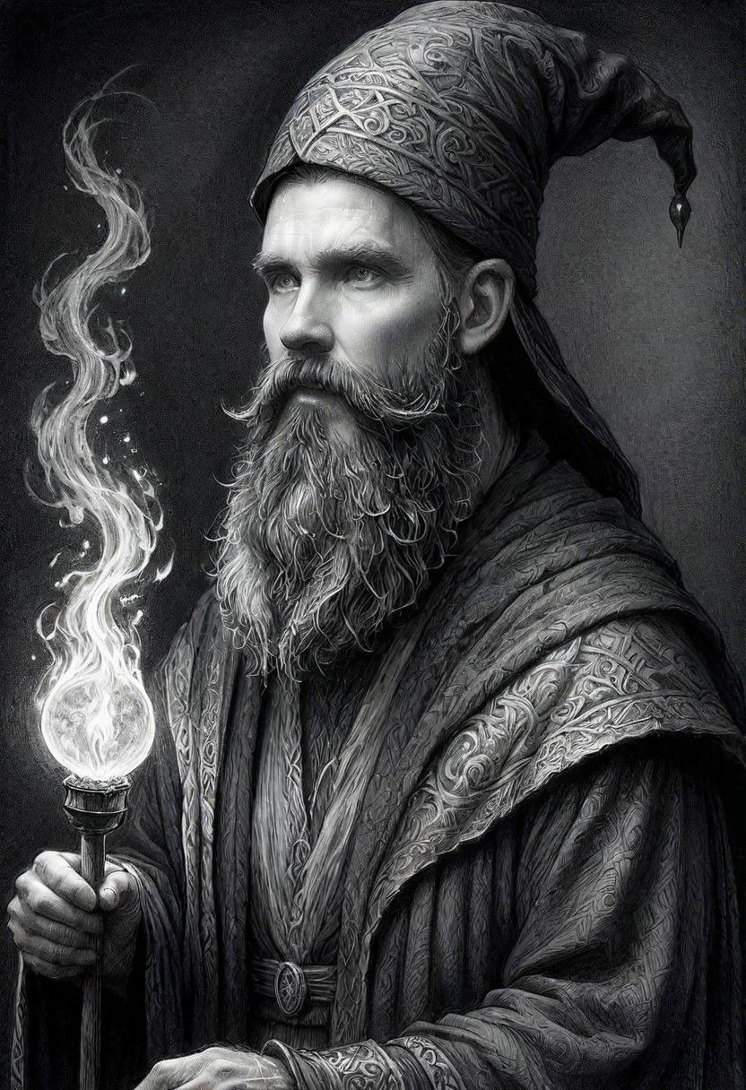 ink art, a black and white drawing of a bearded man wizard,  35 yo, a charcoal drawing by Ed Binkley, cgsociety, fantasy art, charcoal drawing, pencil sketch, detailed painting