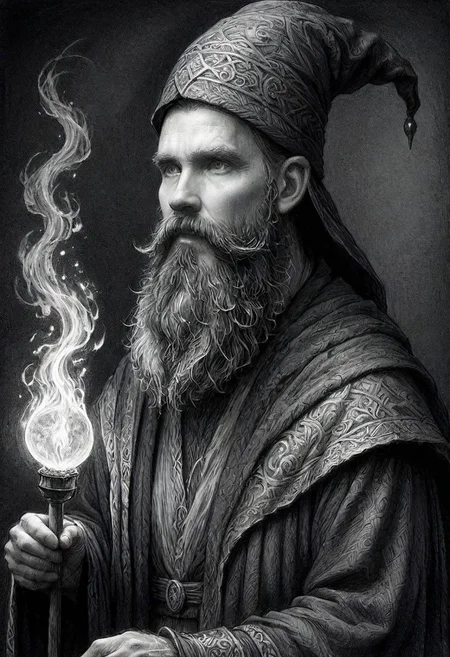 ink art, a black and white drawing of a bearded man wizard,  35 yo, a charcoal drawing by Ed Binkley, cgsociety, fantasy art, charcoal drawing, pencil sketch, detailed painting