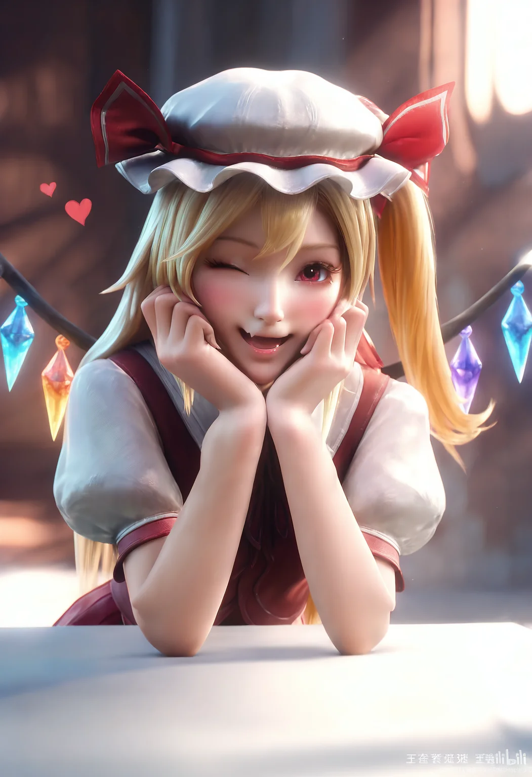 (wangzhe rongyao, sunlight:1), flandre scarlet, 1girl, ;d, alternate hairstyle, blonde hair, blush, crystal wings, fang, hands on own cheeks, hands on own face, hat, heart, long hair, looking at viewer, mob cap, one eye closed, puffy short sleeves, puffy sleeves, red eyes, red skirt, shirt, short sleeves, skin fang, skirt, skirt set, smile, solo, straight hair, upper body, very long hair, white hat, white shirt, wangzhe rongyao, <lora:wangzhe_rongyao_v1:0.92>, 3d, (realistic:1.4), cinematic light,ray tracing,light and shadow,(render:1.4),detailed shadow,