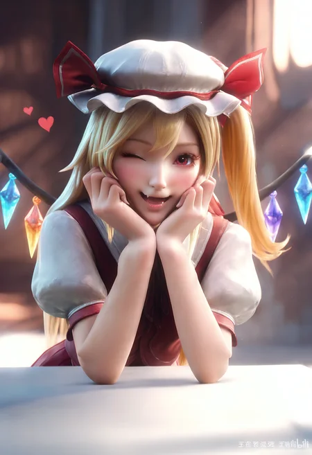 (wangzhe rongyao, sunlight:1), flandre scarlet, 1girl, ;d, alternate hairstyle, blonde hair, blush, crystal wings, fang, hands on own cheeks, hands on own face, hat, heart, long hair, looking at viewer, mob cap, one eye closed, puffy short sleeves, puffy sleeves, red eyes, red skirt, shirt, short sleeves, skin fang, skirt, skirt set, smile, solo, straight hair, upper body, very long hair, white hat, white shirt, wangzhe rongyao, <lora:wangzhe_rongyao_v1:0.92>, 3d, (realistic:1.4), cinematic light,ray tracing,light and shadow,(render:1.4),detailed shadow,