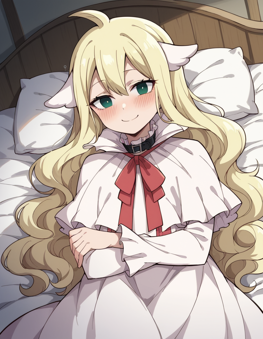 score_9, score_8_up, score_7_up, source_anime, <lora:mavis-vermillion-anime-ponyxl-lora-nochekaiser:1>, mavis, long hair, blonde hair, green eyes, ahoge, wavy hair, animal ears,, dress, white dress, collar, ribbon, red ribbon, capelet, long sleeves,, indoors, bed, bed room, on side, blush, drunk,, smile, , arm crossed over chest, solo,, cowboy shot, dutch angle