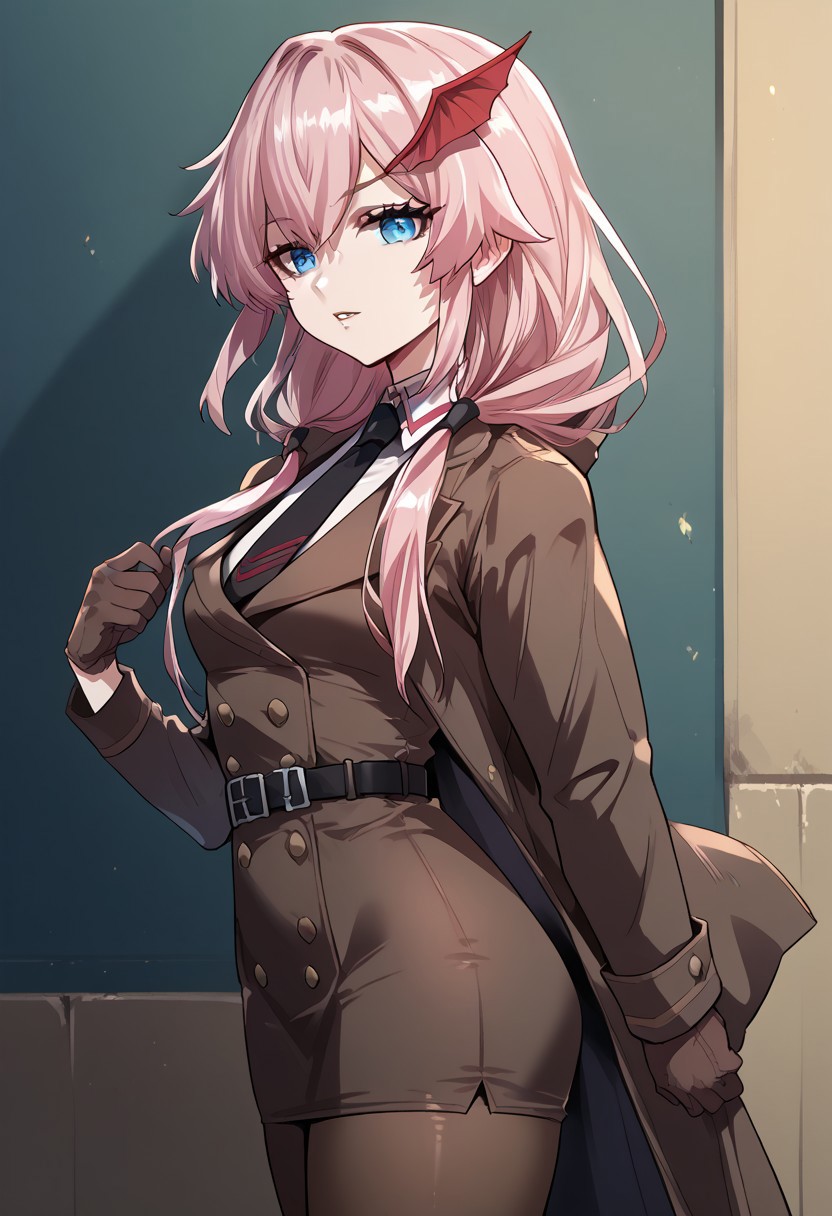 zPDXL3, score_9_up, score_8_up, score_7_up, (Anime_source), 1girl, LapisLazuli, blue eyes, light pink hair, long hair, low twintails, coat, shirt, necktie, pantyhose, high-waisted skirt, double belt, gloves, cowboy shot looking at viewer, parted lips, from side