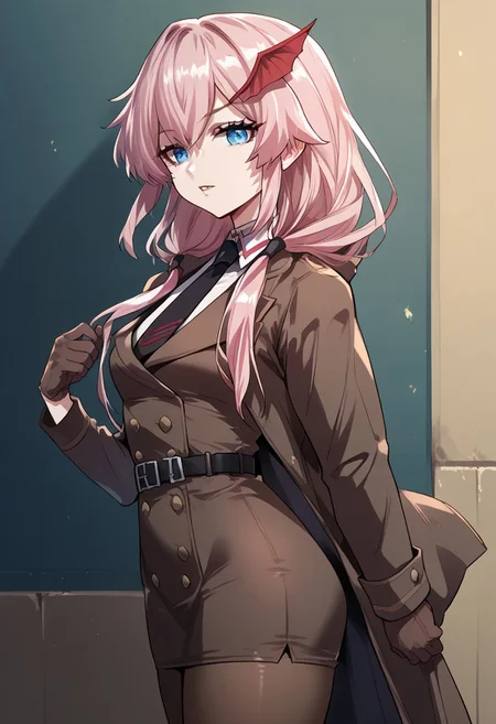zPDXL3, score_9_up, score_8_up, score_7_up, (Anime_source), 1girl, LapisLazuli, blue eyes, light pink hair, long hair, low twintails, coat, shirt, necktie, pantyhose, high-waisted skirt, double belt, gloves, cowboy shot looking at viewer, parted lips, from side