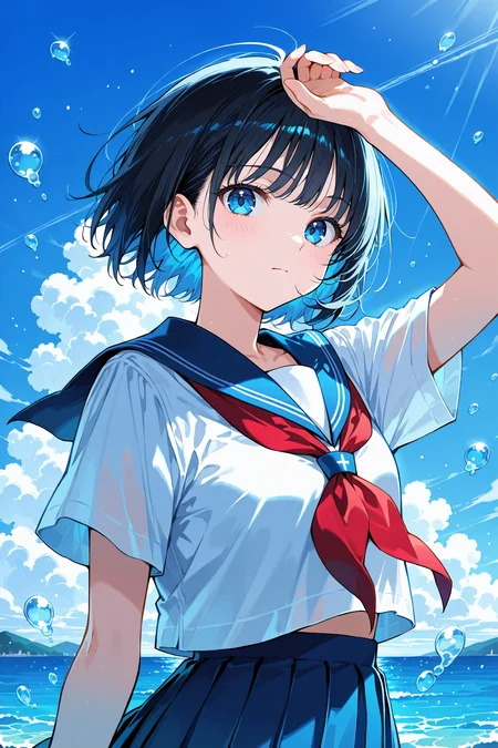 1girl, 1girl,
solo, blue eyes, skirt, school uniform, blue skirt, sky, sailor collar, neckerchief, cloud, short sleeves, serafuku, blue sailor collar, shirt, blue sky, white shirt, pleated skirt, looking at viewer, short hair, closed mouth, bangs, black hair, water, outdoors, arm up, red neckerchief, bubble, day upper body,
absurdres, traditional media
