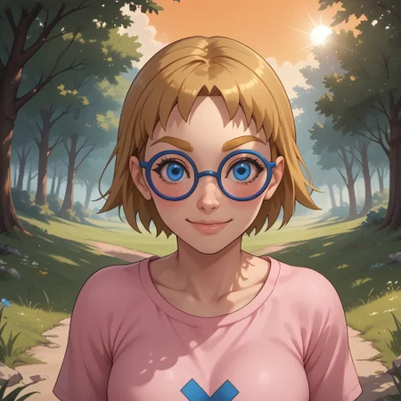 score_9, score_8, BREAK, solo, wii, mii, wii sports resort, dark blonde hair, short hair, dark blonde eyebrows, blue eyes, blue glasses, blush, pink clothing, white pants, sandals, cute, female mii, 1girl, Nintendo Mii, modern_mii, classic_mii, dot eyes, Siobhán_(\Wii_Sports_Resort\), breasts, sexy pose, self portrait, smile, outdoors, sunlight, shadows, evening lighting, natural lighting, forest, trees, grass, orange sky, sunset