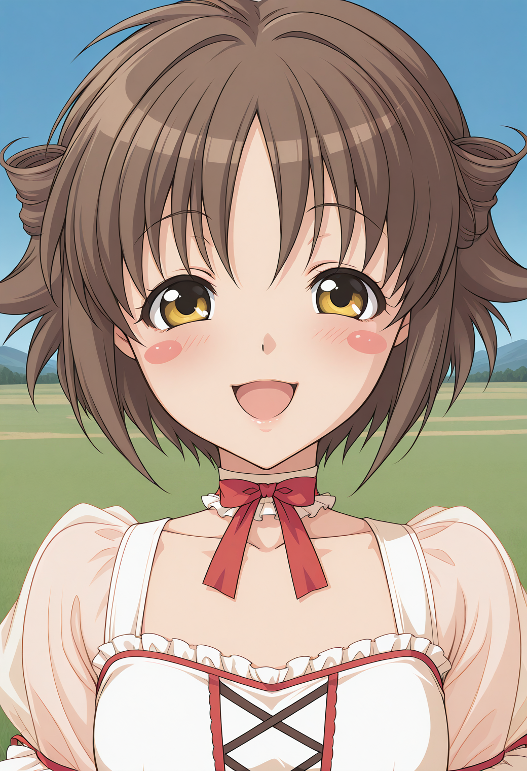 enomoto_aya, yellow eyes, brown hair, short hair, blush stickers, choker, ribbon, frilled leotard, see-through, <lora:enomoto_aya_illustrious_ver1:0.8> 
smile, open mouth,, masterpiece, best quality, sensitive,, 1girl, solo, blue sky, (grasslands:1.2), looking at viewer,, (upper body:1.2), (close-up:1.2), (facing viewer:1.2), (open eyes:1.4), (portrait:1.2)