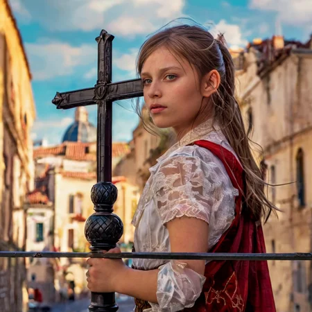 <lora:guatemala:1.25> a girl with cross looking out over in the city, tack sharp, 4k, masterpiece