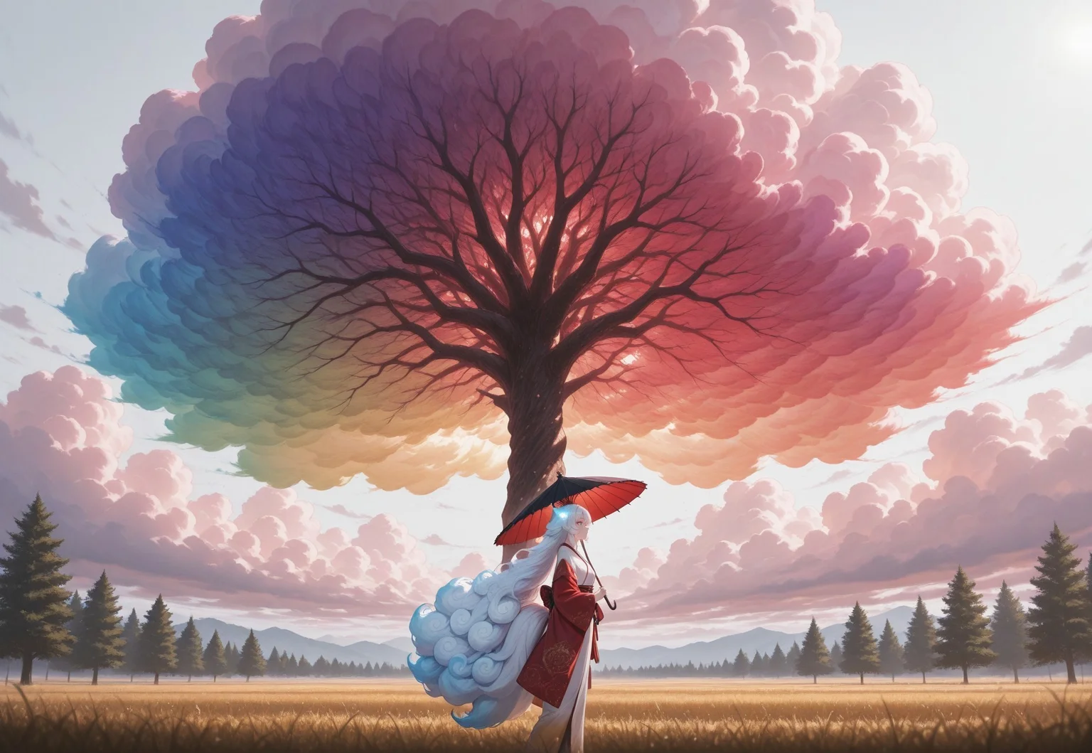 masterpiece, best quality, absurdres,anime style,detailed eyes,
1 female solo,((((Cloud hair)))),long hair,blue eyes,kitsune tails,white kimono,red sleeves,golden embroidery,
wide shot,from side,feet out of frame,low angle,
looking to the left,sun umbrella,washi umbrella,multicollored umbrella,red umbrella,black umbrella,walking along rye field,
white background, ((((tree with huge fluffy Clouds as treecrown)))),((((rainbow gradient cloud))))