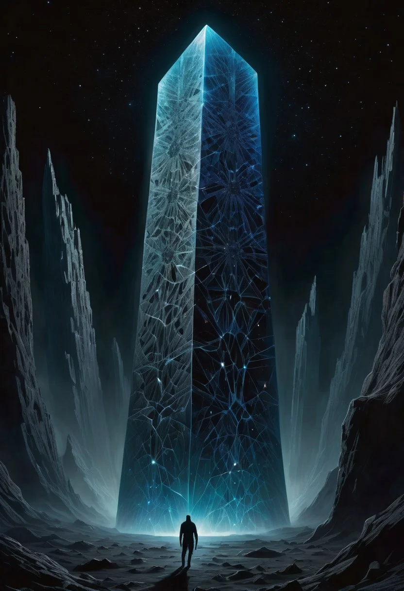 Echoes in the Void: In the heart of an endless, pitch-black expanse, a colossal, crystalline monolith rises like a beacon of light. The surface of the monolith is etched with an intricate network of pulsating, iridescent patterns that seem to reverberate with an otherworldly energy.