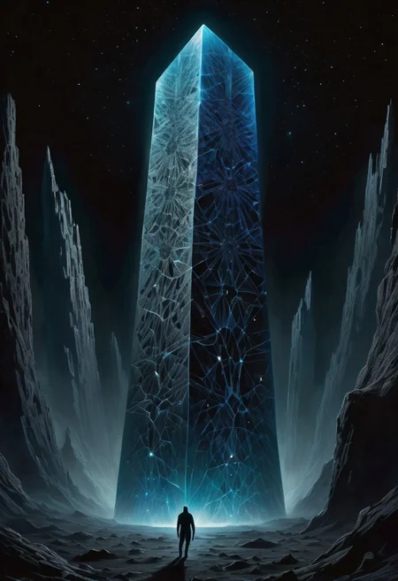 Echoes in the Void: In the heart of an endless, pitch-black expanse, a colossal, crystalline monolith rises like a beacon of light. The surface of the monolith is etched with an intricate network of pulsating, iridescent patterns that seem to reverberate with an otherworldly energy.