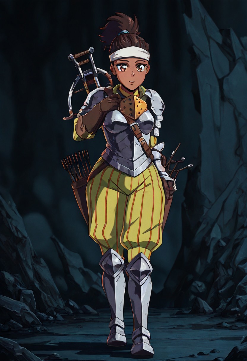 masterpiece, best quality, newest, absurdres, highres, 
vintage anime, 90s anime, 
1girl, DD-Arba-V1.0, dark-skinned female, dark skin, dredlocks, armor, breastplate, armor, headband, greaves, quiver, ponytail, pauldrons