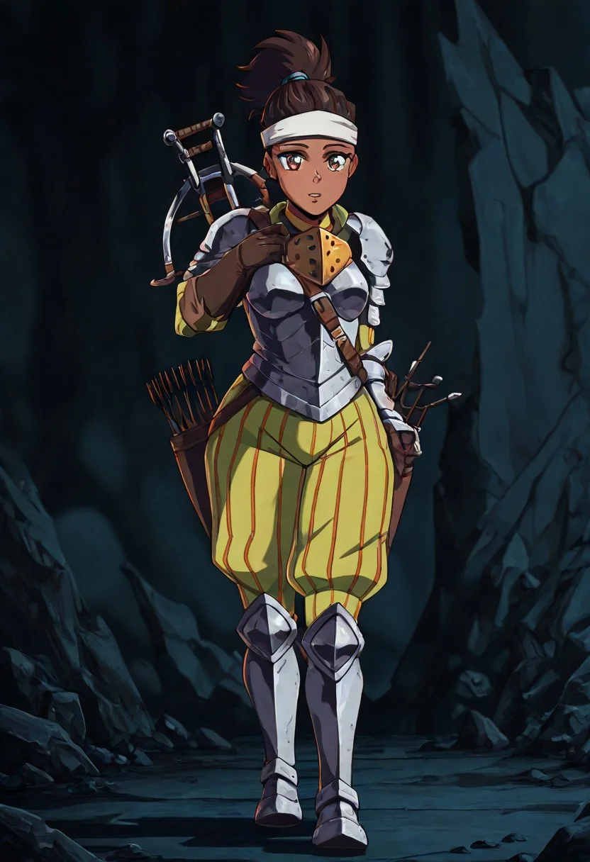 masterpiece, best quality, newest, absurdres, highres,
vintage anime, 90s anime,
1girl, DD-Arba-V1.0, dark-skinned female, dark skin, dredlocks, armor, breastplate, armor, headband, greaves, quiver, ponytail, pauldrons