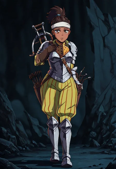 masterpiece, best quality, newest, absurdres, highres,
vintage anime, 90s anime,
1girl, DD-Arba-V1.0, dark-skinned female, dark skin, dredlocks, armor, breastplate, armor, headband, greaves, quiver, ponytail, pauldrons