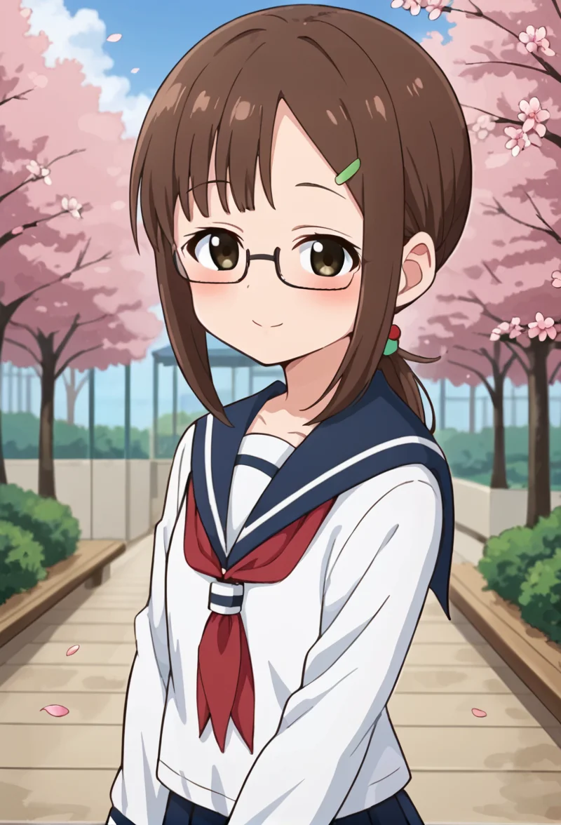 <lora:kotone:0.8> kotone, smile, looking at viewer, smile, outdoors, cherry blossoms, falling petals, serafuku, long sleeves, blush, low ponytail, glasses,