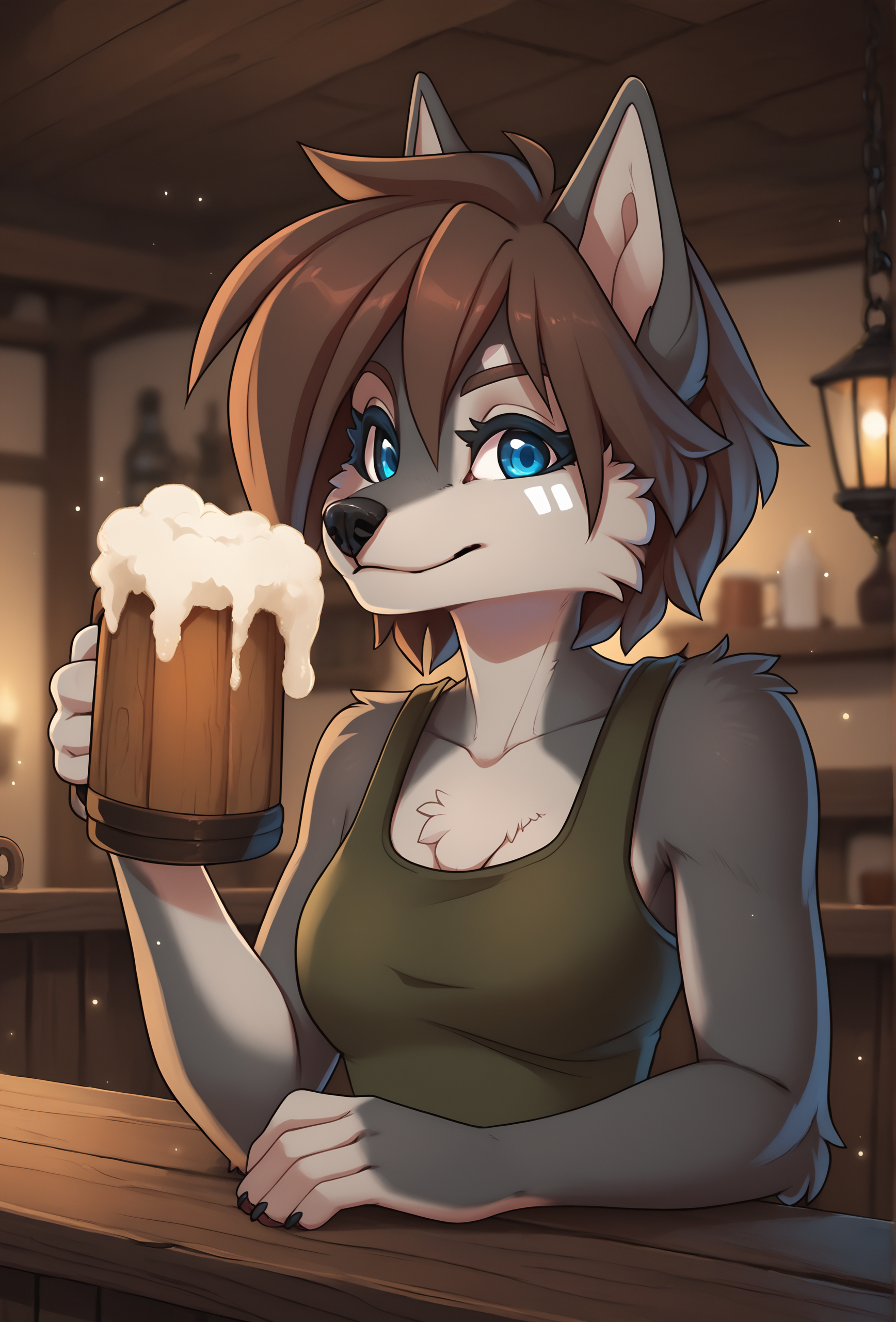 score_9, score_8_up, score_7_up, score_6_up, score_5_up, score_4_up, indoors, tavern, lantern, wooden table, beer mug, light particles,
 <lora:tala_fluffkevlar_ponyXL_v1.1:1> tala, furry, 1girl, solo, medium hair, blue eyes, green shirt, facial tattoo, portrait, looking at viewer, smile, grey fur
