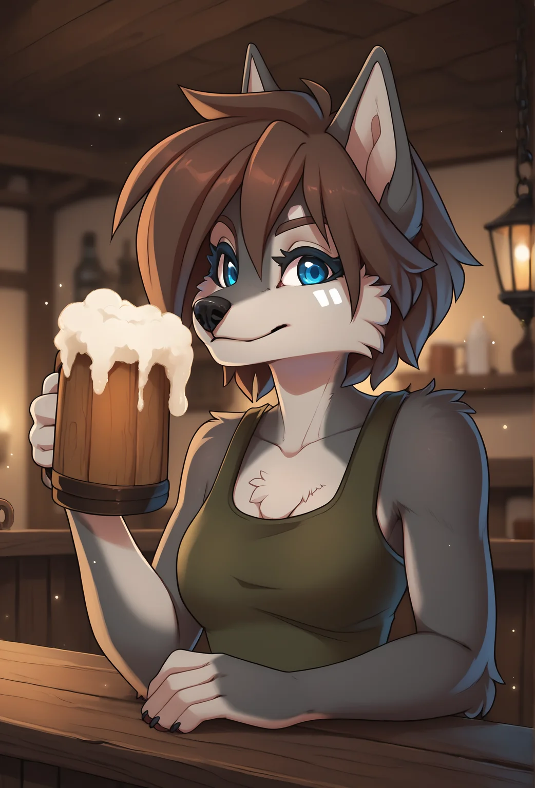 score_9, score_8_up, score_7_up, score_6_up, score_5_up, score_4_up, indoors, tavern, lantern, wooden table, beer mug, light particles,
<lora:tala_fluffkevlar_ponyXL_v1.1:1> tala, furry, 1girl, solo, medium hair, blue eyes, green shirt, facial tattoo, portrait, looking at viewer, smile, grey fur