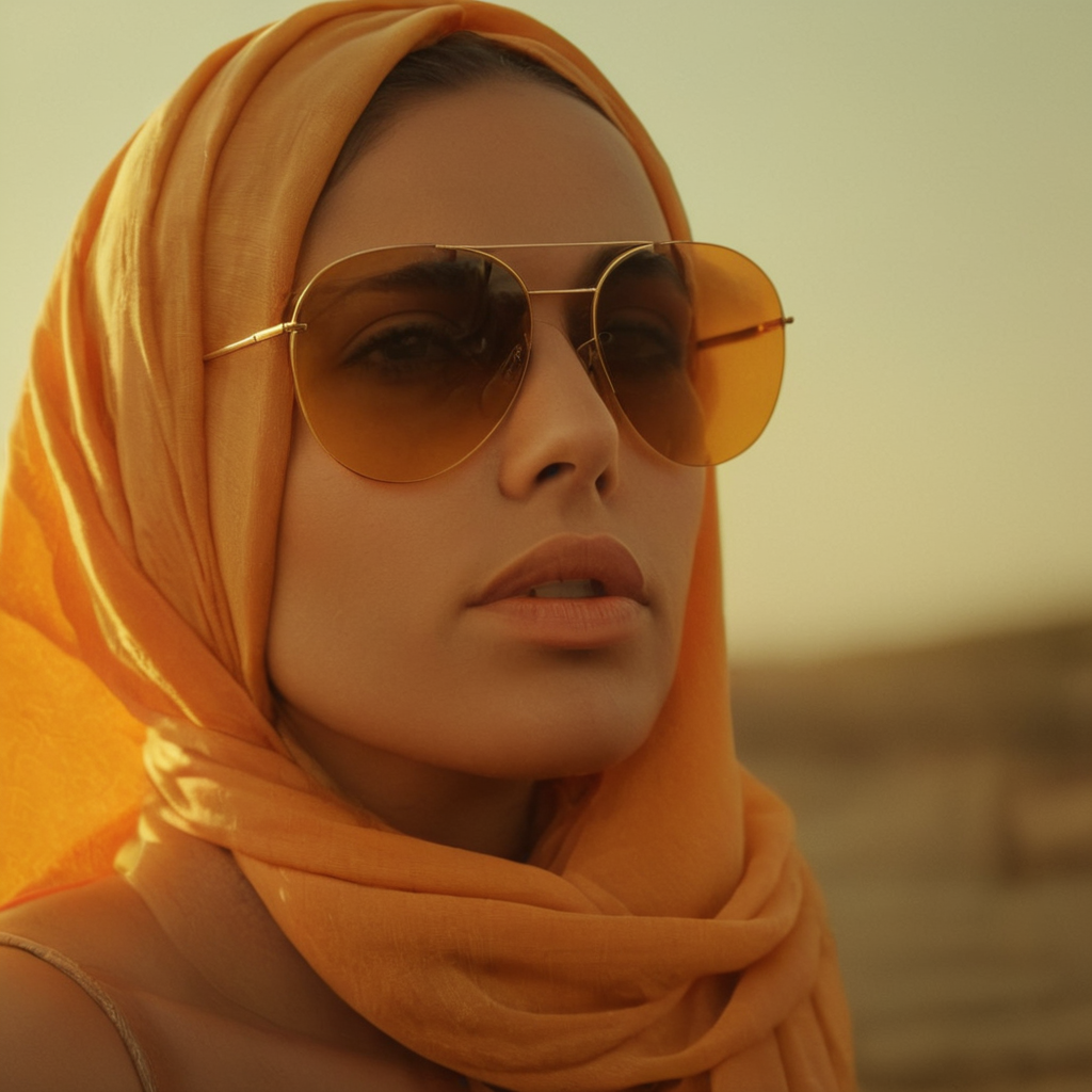 cinematic film still of  <lora:Warm Lighting Style:1>
warm light,a woman wearing a headscarf and sunglasses,warm lighting style,1girl,solo,parted lips,glasses,blurry,lips,sunglasses,close-up,realistic 3200k, orange color, yellow color, warm color, straw color, golden color, shallow depth of field, vignette, highly detailed, high budget, bokeh, cinemascope, moody, epic, gorgeous, film grain, grainy