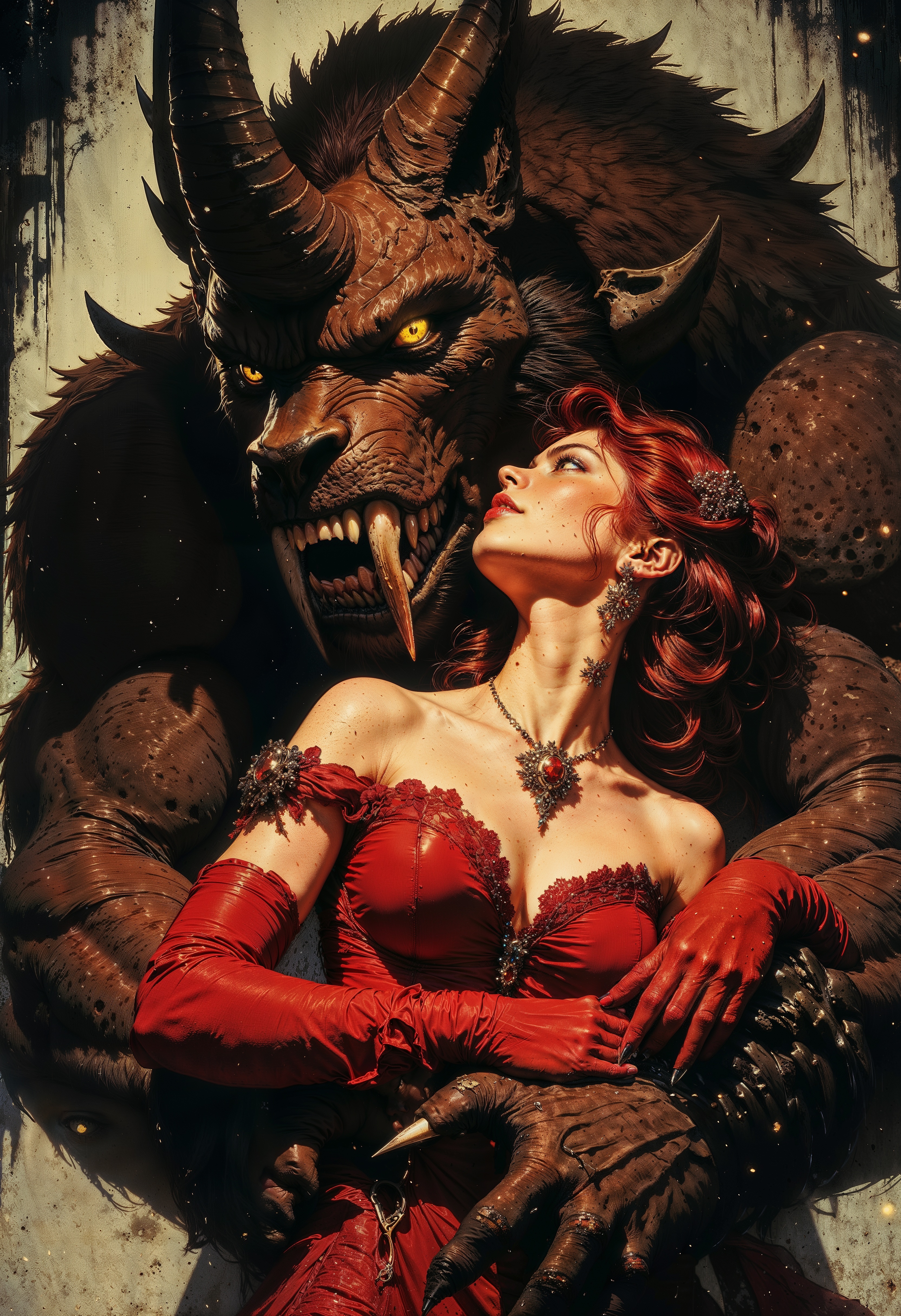 beauty and the beast. a highly detailed, digital painting in a fantasy style. It features a woman and a large, menacing beast in a close, intimate embrace. The woman is a fair-skinned, red-haired woman with delicate features, dressed in an off-the-shoulder, red gown with lace detailing. She wears long, red gloves that reach her elbows. Her expression is serene and calm, suggesting trust or affection. Her hair is styled in soft curls, and she has a subtle, elegant makeup look.
The beast is a large, fearsome creature with a muscular build, covered in thick, dark brown fur. It has sharp, curved horns, tusks protruding from its mouth, and glowing yellow eyes that exude a menacing aura. The creature's fur is textured to appear rough and dense, contrasting with the smoothness of the woman's gown. It has large, clawed hands that gently cradle the woman, and its face is close to hers, as if they are sharing a moment of intimacy.
The background is a mix of dark, muted tones with hints of snowflakes falling, adding a sense of cold and magic to the scene. The overall mood of the painting is one of contrast between danger and tenderness. <lora:FluxMythG0thicL1nes:0.6> <lora:Luminous_Shadowscape:0.6> <lora:FredFraiStyle-FLUX-Share:0.6>  <lora:RetroAnimeFluxV1:0.6>