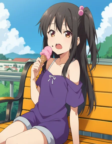score_9, score_8_up, score_7_up, source_anime,
tenkaadachi, <lora:tenka-adachi-ponyxl-lora-nochekaiser:1>
tenka adachi, black hair, brown eyes, side ponytail, long hair, hair bobbles,
shorts, off shoulder, dress, purple dress,
outdoors, cityscape, sitting, bench, eating, ice cream, open mouth,
looking at viewer, dutch angle, cowboy shot,