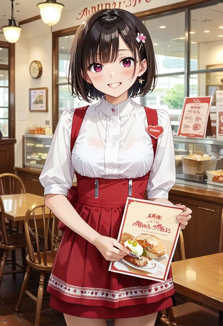 score_9, score_8_up, score_7_up, rating_safe, masterpiece, best quality, absurdres, unity 8k wallpaper, official art, official style, source_anime, uncensored, game cg, megami magazine,
AMSC, waitress, 1girl, solo, menu, restaurant, name tag, indoors, chair, skirt, blurry, shirt, short hair, holding, table, white shirt, apron, looking at viewer, smile, cafe, red skirt, red apron,
<lora:AMSC_PONY_V1:0.8>