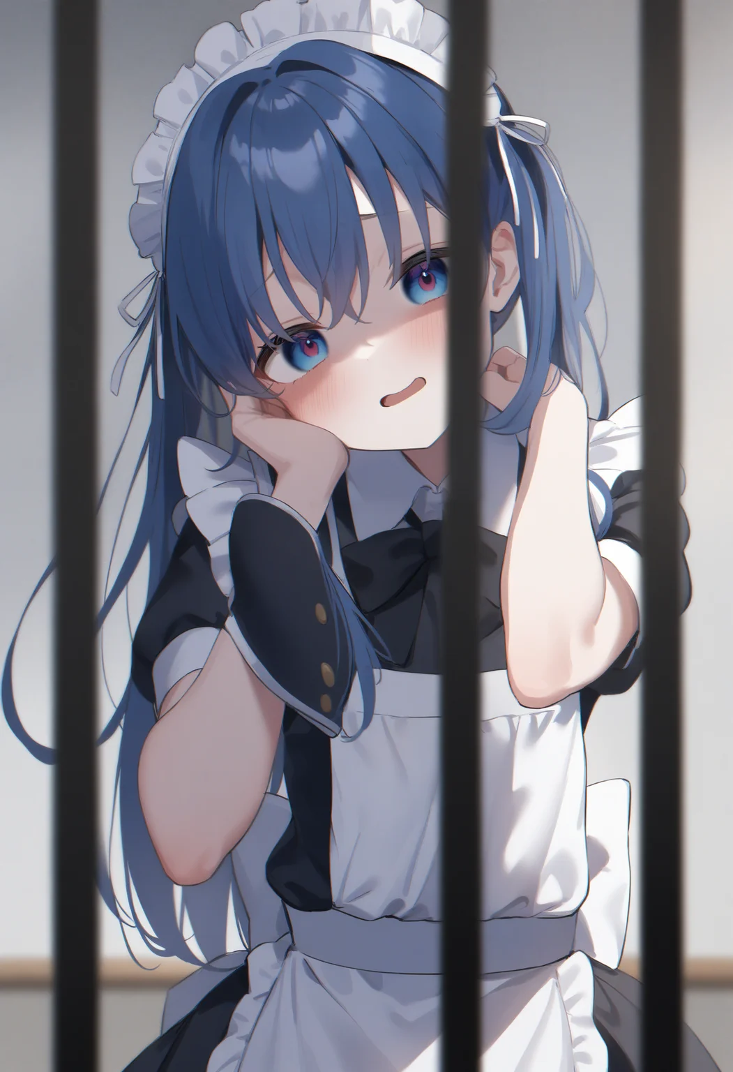 1girl,sincos, ningen mame, toosaka asagi,solo,medium breasts,20yo,maid,maid headdress,
yandere, <lora:yandere_XL_v1:0.7>
shaded face,empty eyes,head tilt,
from behind, wide shot, looking to the side, blue hair, silver eyes,facepalm, in bars, open mouth, bow-shaped hair,,
best quality, very aesthetic, absurdres