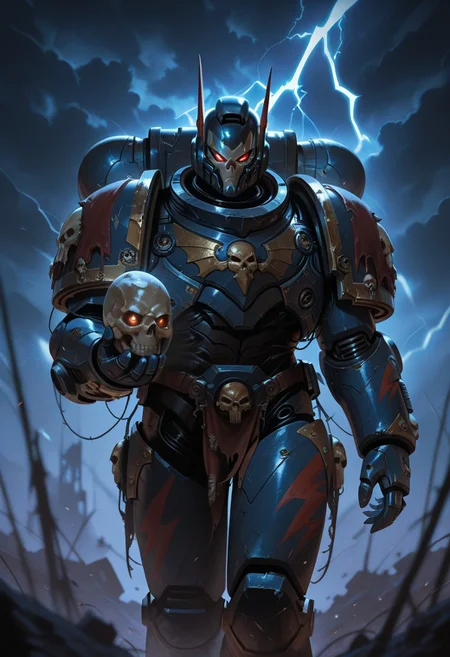 1boy,solo,power armor, helmet,glowing eyes,masterpiece,absurdres,very aesthetic,best quality,high quality,standing,NightL40K,holding skull,lightning,cinematic_angle,cowboy_shot,