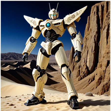 made out of, ebony, ivory, scrimshaw, bone carving, mecha, standing, pose, super robot anime, anime style,  desert mountain, 2d high score, masterpiece, best quality, absurdres,