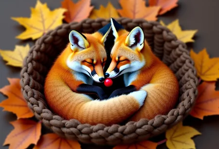 A pair of foxes curled up together in a heart-shaped nest of autumn leaves, sharing a single red berry.