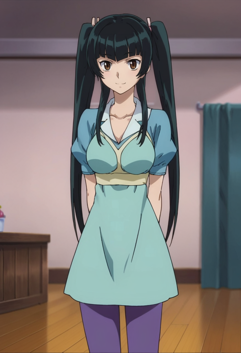 score_9,score_8_up,score_7_up,anime coloring BREAK source_anime,anime,<lora:Wang_Liu_Mei_Gundam_00_Pony:0.7>,liumei,1girl,solo,brown eyes,black hair,twintails,long hair,blue dress,pirple pants,smile,arms behind back,standing,indoors,