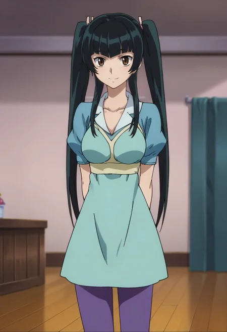 score_9,score_8_up,score_7_up,anime coloring BREAK source_anime,anime,<lora:Wang_Liu_Mei_Gundam_00_Pony:0.7>,liumei,1girl,solo,brown eyes,black hair,twintails,long hair,blue dress,pirple pants,smile,arms behind back,standing,indoors,