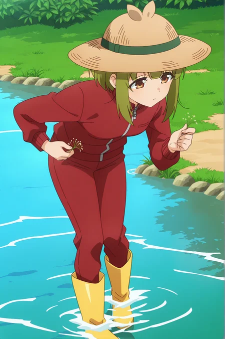 detailed background, official style,anime coloring, (anime screencap) masterpiece, detailed face,1girl <lora:Meme_Bashame_r2:0.8>Meme, solo, hat, green hair, brown eyes, pants, track suit, straw hat, jacket, red pants, red jacket, boots, holding seeds, water, track pants, track jacket, outdoors, brown headwear, rubber boots, standing, wading, sidelocks, leaning forward