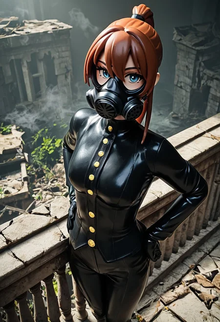 score_9, score_8_up, score_7_up, score_6_up,  figure,
Girl wearing Gas mask, holding equipment, brown ponytail, black suit, black pants, gloves, heavy green fog, smoke, ruanyi0678, broken window, crack,overgrown,railing,rubble,ruins, lit from front, hands on hips,
Looking at viewer, from above,