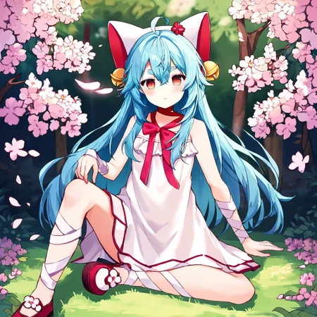 score_9, score_8_up, score_7_up, score_6_up, score_5_up, score_4_up, source_anime, BREAK
t4ffy, 1girl, solo, pink eyes, fake animal ears, blue hair, hair bell, long hair,
neck ribbon, arm ribbon, leg ribbon, dress, red bow,
sitting, wariza, looking at viewer,
cherry blossoms, <lora:taffy_t4ffy_v1:0.9>