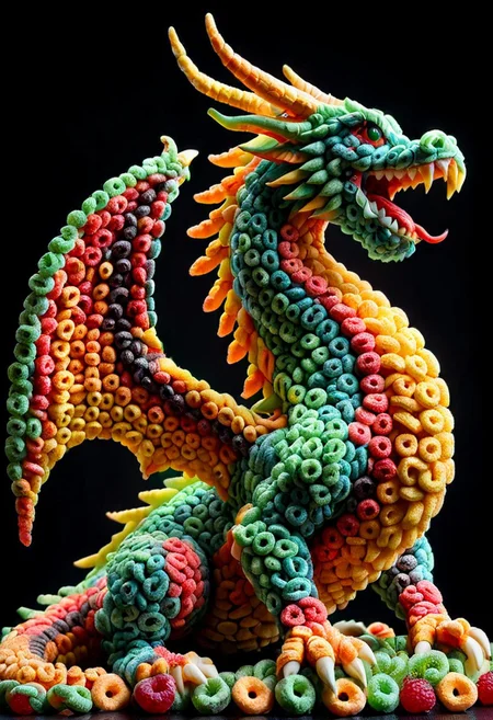 A photorealistic image of a majestic dragon (made of fruit loops:1.2),
intricate details, dramatic composition, tension, contrast, texture, realism, high quality, stunning art, film grain, volumetric lighting, detailed, 
simple background, black background,