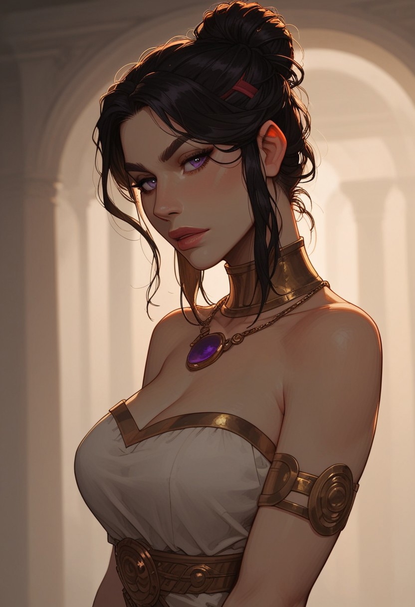 (score_9, score_8_up, score_7_up). ( line work, excellent drawing, highest quality, extremely detailed:1.2). 1woman, milf, Greek Goddess Nemesis, villain, perfect face, beautiful violet eyes, dark hair, bun, red streaks, long lashes, ((split eyebrow)), glossy lips, seductive expression, femdom, dynamic angle, side view, ancient greek dress, g0thicPXL, romantic, cinematic lighting, volumetric lighting, source_cartoon, statuesque,