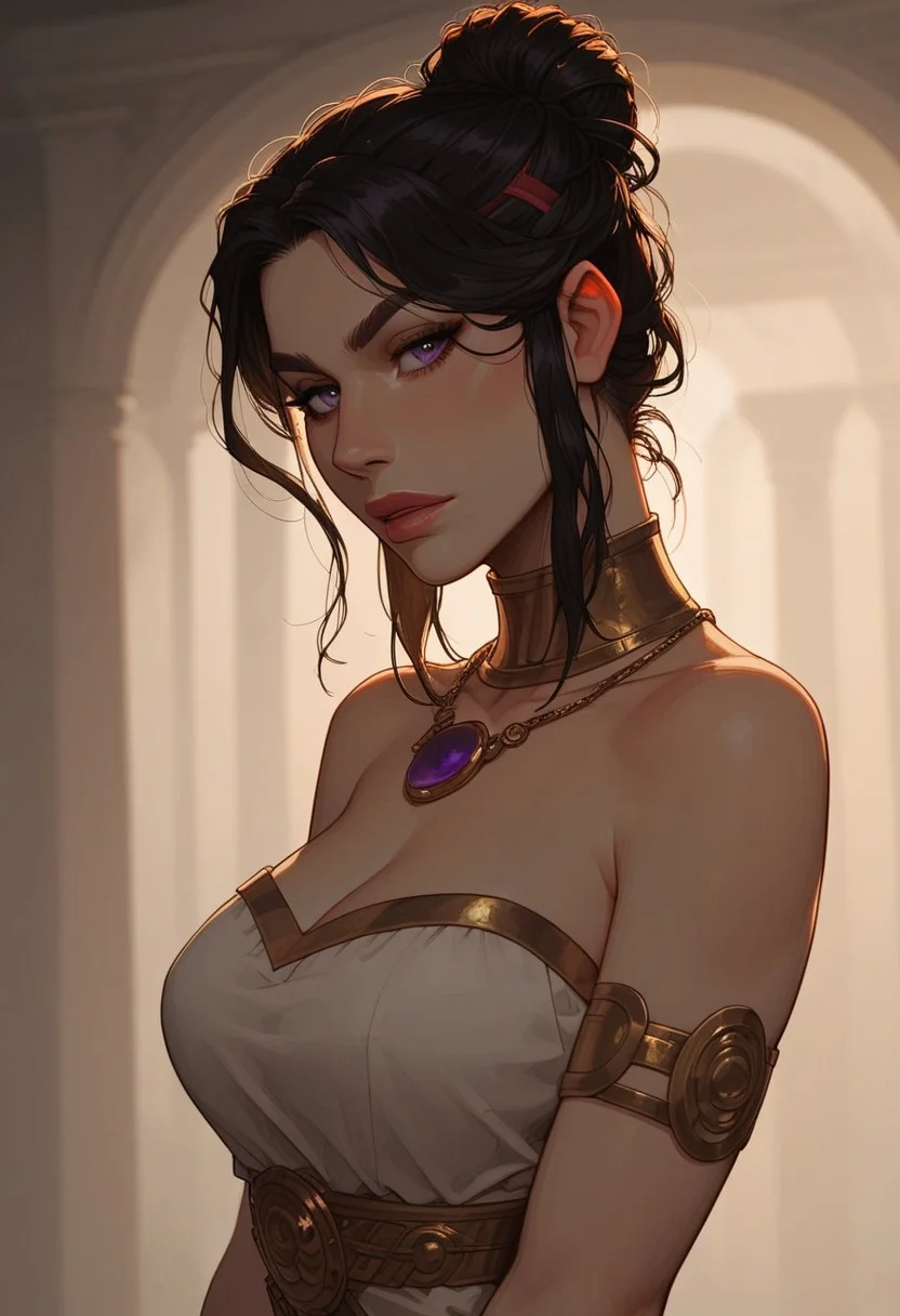 (score_9, score_8_up, score_7_up). ( line work, excellent drawing, highest quality, extremely detailed:1.2). 1woman, milf, Greek Goddess Nemesis, villain, perfect face, beautiful violet eyes, dark hair, bun, red streaks, long lashes, ((split eyebrow)), glossy lips, seductive expression, femdom, dynamic angle, side view, ancient greek dress, g0thicPXL, romantic, cinematic lighting, volumetric lighting, source_cartoon, statuesque,
