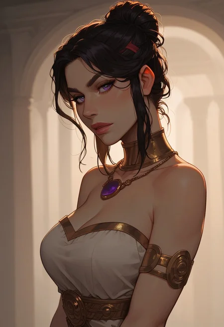 (score_9, score_8_up, score_7_up). ( line work, excellent drawing, highest quality, extremely detailed:1.2). 1woman, milf, Greek Goddess Nemesis, villain, perfect face, beautiful violet eyes, dark hair, bun, red streaks, long lashes, ((split eyebrow)), glossy lips, seductive expression, femdom, dynamic angle, side view, ancient greek dress, g0thicPXL, romantic, cinematic lighting, volumetric lighting, source_cartoon, statuesque,
