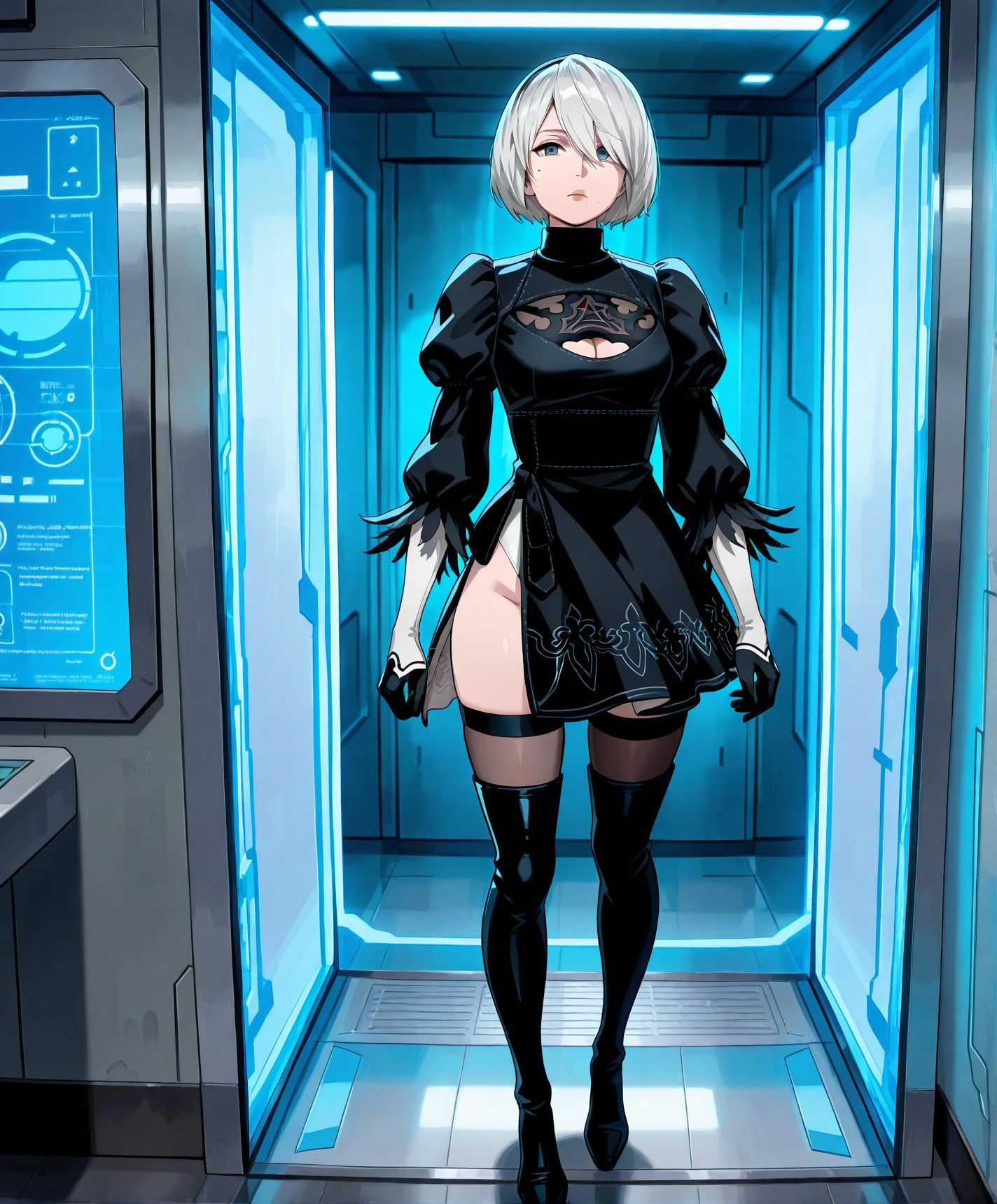 <lora:add-detail-xl:0.5>,,masterpiece,best quality,anime coloring,anime screenshot,
<lora:Female_Android:1>Female_AndroidV1,
1 Female Android, expressionless, 
She stood motionless inside a glass display case,
Indoors, full body, Android Showroom,
a female android stands still, Her face is blank, her eyes lifeless, 
Cold lights flicker across her synthetic skin,
Female Android, looking at viewer, 
Female Humanoid Robot, 
Detroit: detroit: become human, official style, 
2b \(nier:automata\), nier \(series\), official art, 
20YO, milf,