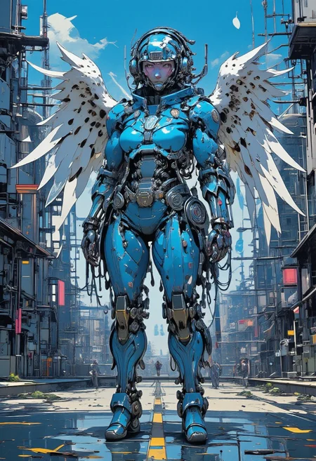 digital artwork in the style of cknc, amazing cyberpunk anime artwork, thin lines, sharp,  woman, maxtac, wearing blue and black robotic body suit, stading in the middle of a road of cyberpunk city under neon lights<lora:BLUE_mk4_angel_FLUX_03:1.3> <lora:CPA:1>  <lora:FLUXEvolyzedV1:1>