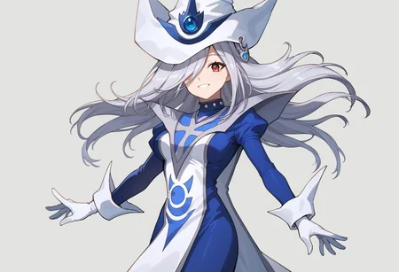 score_9, score_8_up, score_7_up, source_anime, good anatomy,1girl, solo, SilentMagicianOG, long hair, silver hair, swept bang, red eyes, medium breasts, SiMaClassic, white and blue tabard with silver trim, very long dress, blue dress, white gloves, puffy sleeves, white and blue hat, wizard hat, metal choker, hat over one eye, standing, smiling