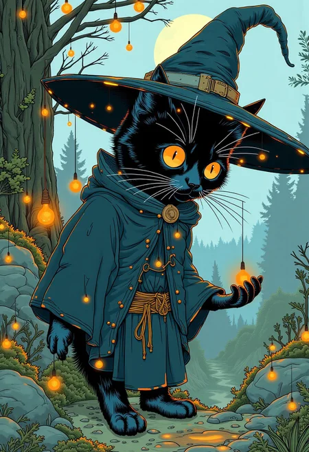 A bipedal black cat wearing a huge oversized witch hat, a wizards robe, casting a spell,in an enchanted forest. The scene is filled with fireflies and moss on surrounding rocks and trees